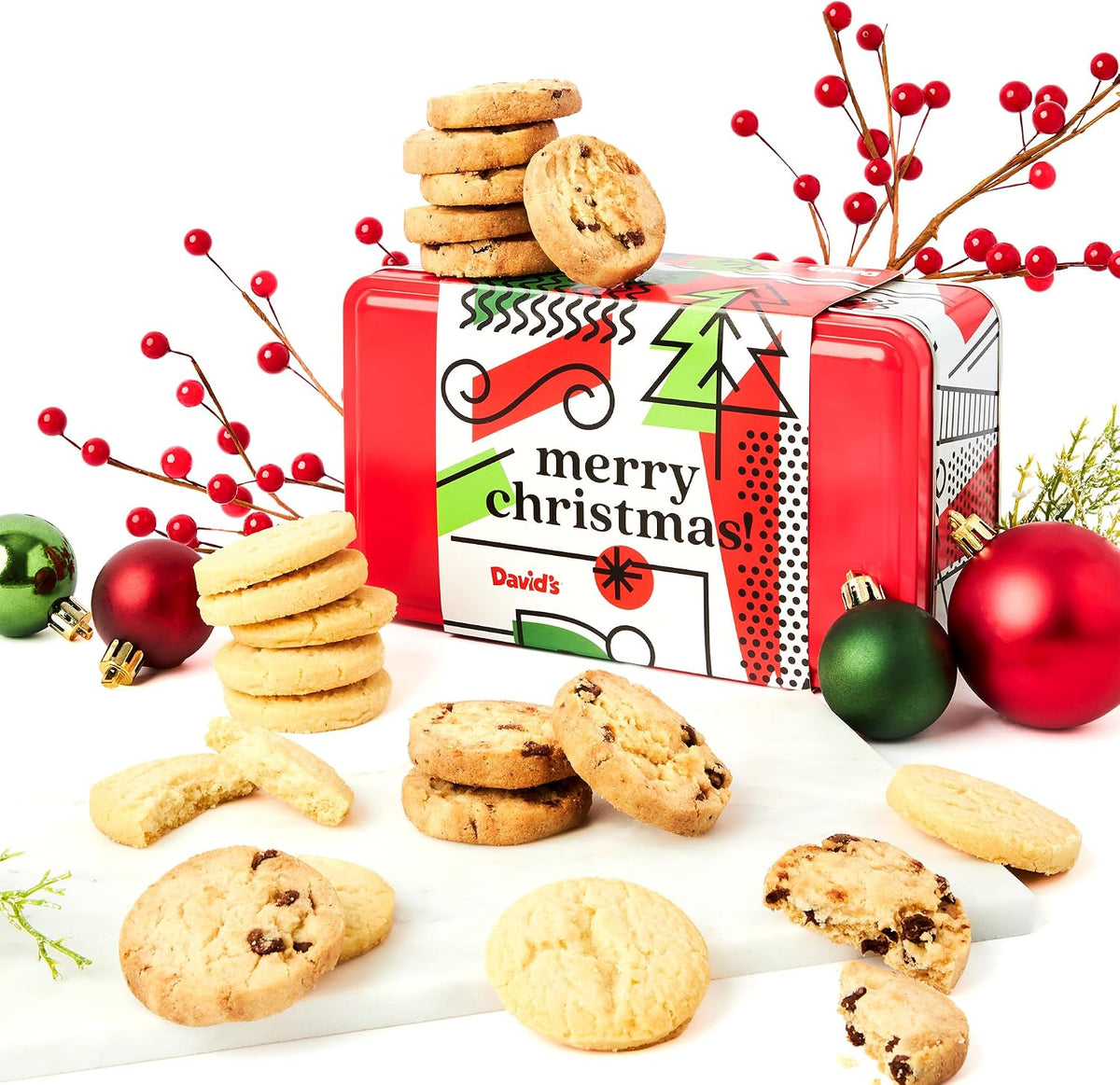 David’s Cookies Shortbread Cookies in Merry Christmas Gift Tin – Festive Holiday Cookie Sampler Gift Box for Christmas & Family Gatherings – Mini Scottish Butter and Chocolate Chip Shortbread