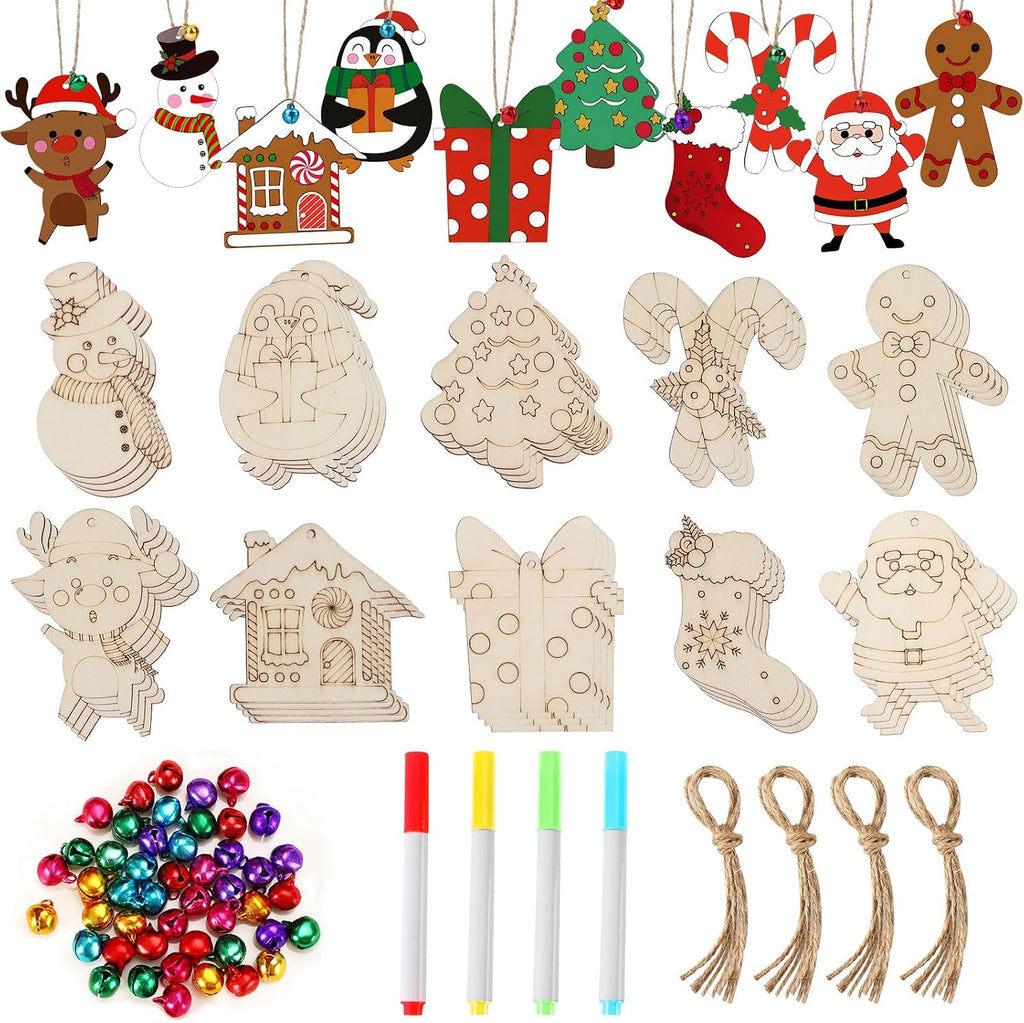 DECYOOL 50Pcs Christmas Wooden Ornaments Predrilled Unfinished DIY Crafts