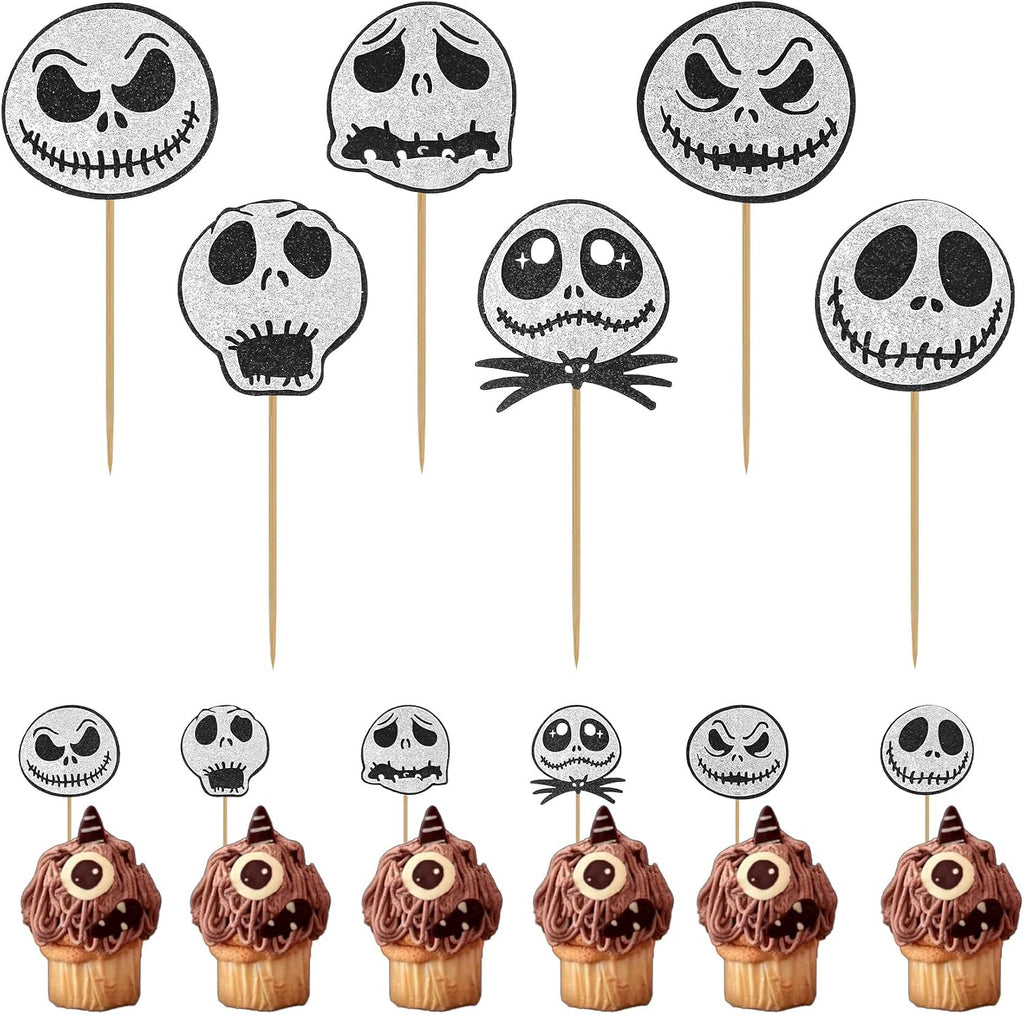 Halloween Cupcake Toppers, Cake Decorations, 12PCS Glitter Skull Jack Cake Toppers for Nightmare Before Christmas, Ghost
