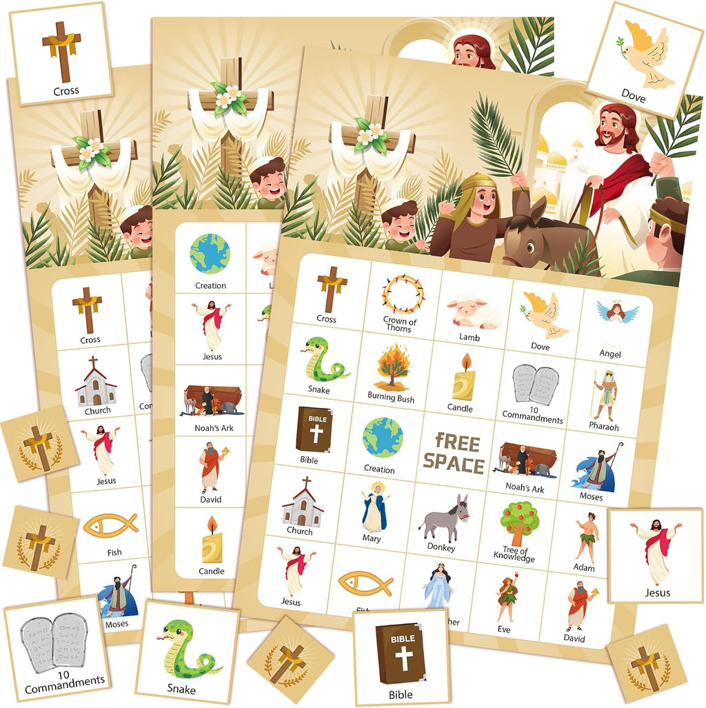 Bible Bingo Game, 38pcs Biblical Party Favors Set Including Bible School Bingo Cards for Religious Party Decorations Biblical Party Decorations