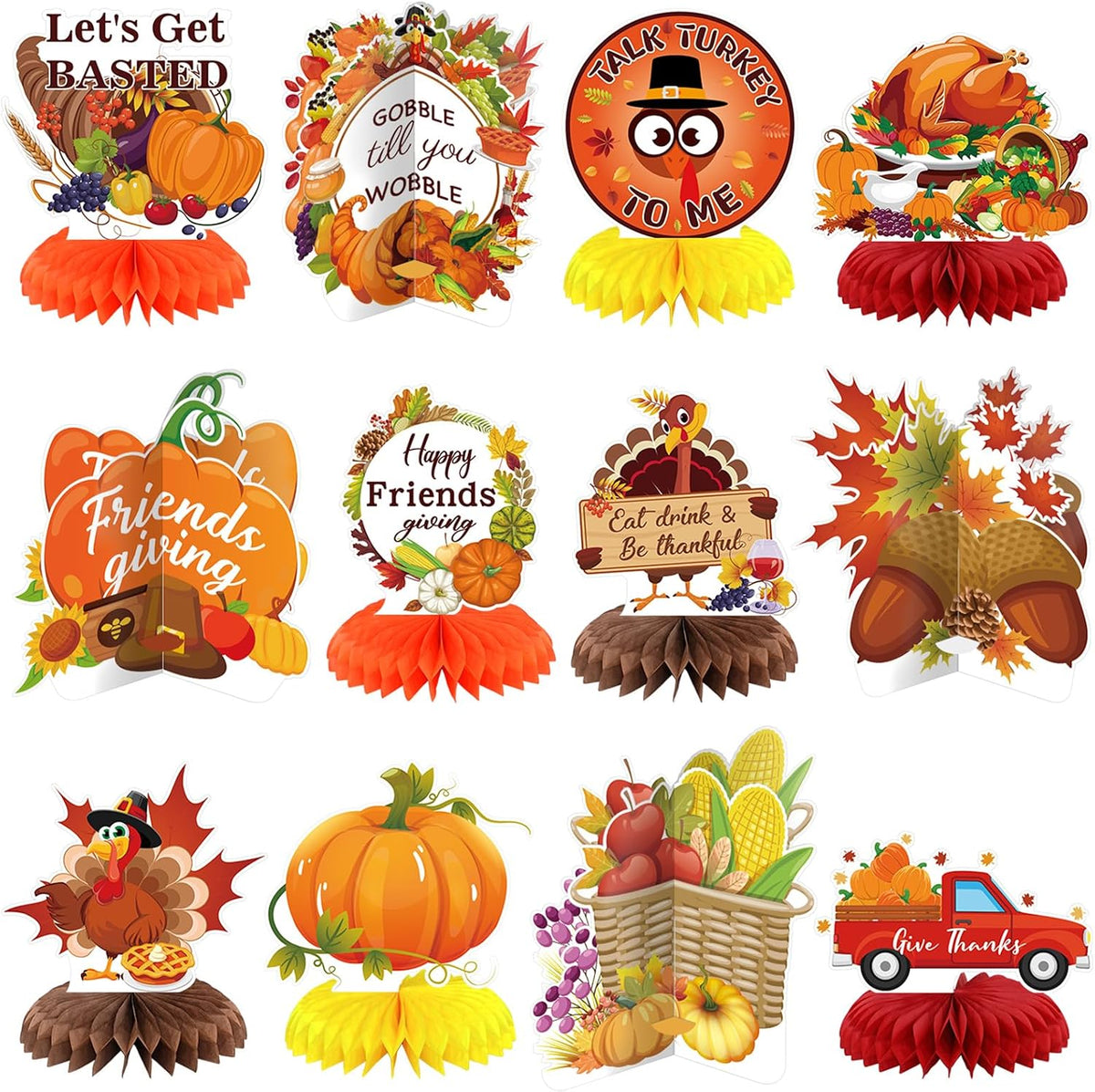 12 Pcs Thanksgiving Party Decoration Friendsgiving Honeycomb Centerpiece Happy Friendsgiving Table Decoration Fall Pumpkin Turkey Gobble Till You Wobble Thanksgiving Table Topper for Party Supplies