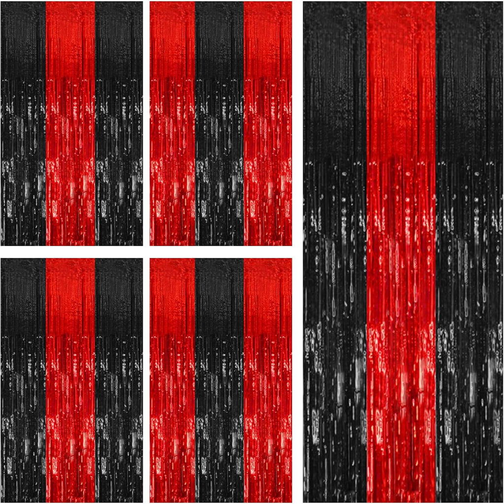 5 Pack Black and Red Party Backdrop Streamers Decorations Foil Fringe Curtains Metallic Tinsel Backdrop for Birthday Halloween Christmas New Year Fancy Ball Graduation Party Decor