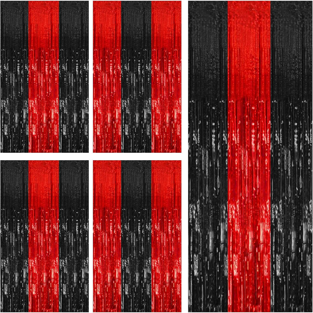 5 Pack Black and Red Party Backdrop Streamers Decorations Foil Fringe Curtains Metallic Tinsel Backdrop for Birthday Halloween Christmas New Year Fancy Ball Graduation Party Decor