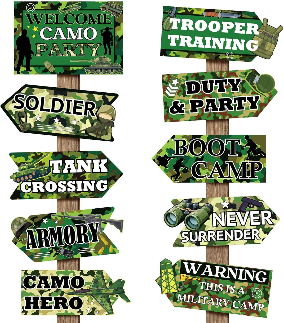 Hooqict 20 Pieces Camo Party Signs Army Birthday Party Decorations Camouflage Military Birthday Party Supplies for Boys Men Army Themed Directional Sign
