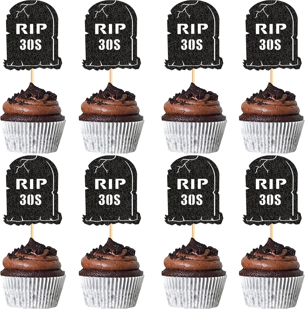 Ercadio 24Pcs Glitter Black Rip 30s Cupcake Topper Tombstone Cupcake Picks for Funeral 40th Birthday Anniversary Cupcake Decorations Rip to My Youth Emo Party Decorations