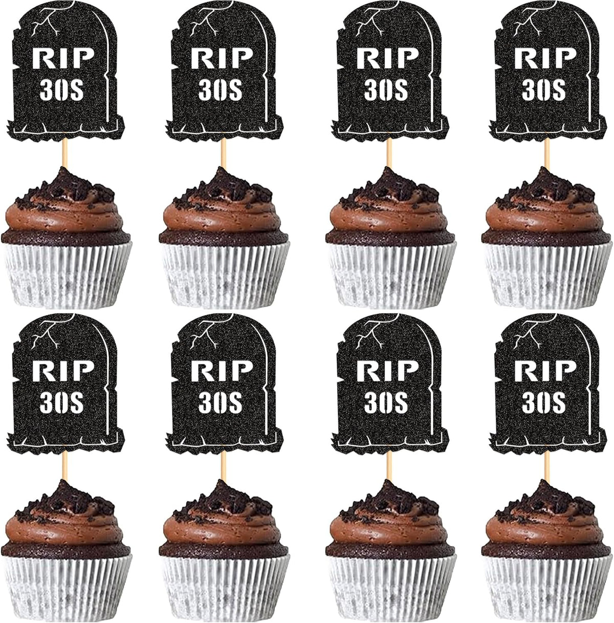 Ercadio 24Pcs Glitter Black Rip 30s Cupcake Topper Tombstone Cupcake Picks for Funeral 40th Birthday Anniversary Cupcake Decorations Rip to My Youth Emo Party Decorations