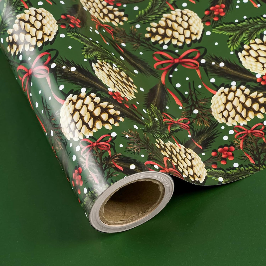 WRAPAHOLIC 30 Inch Reversible Green Christmas Wrapping Paper - 30 Inch x 33 Feet - Pinecones with Red Bow Wrapping Paper and Solid Green for Xmas Holiday, Party Celebration