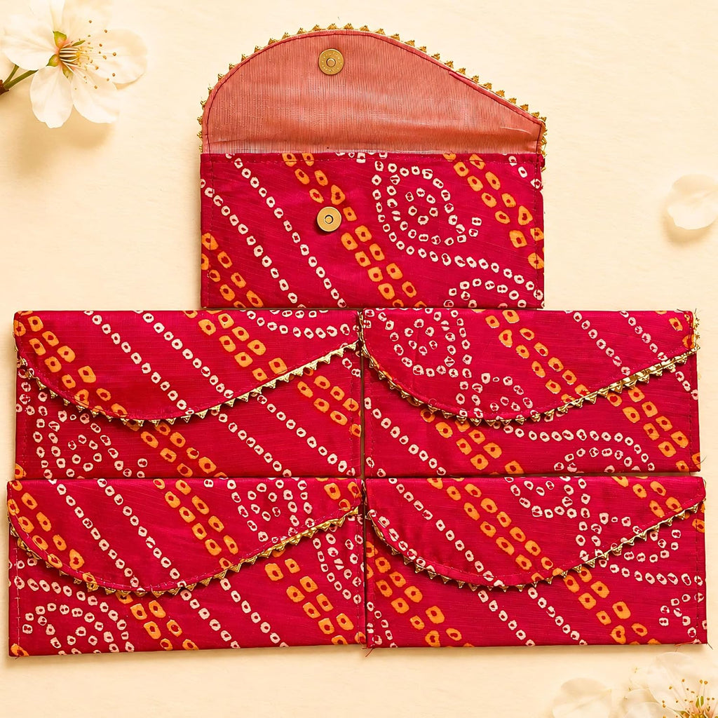 LoveNspire Brocade Fabric Money Envelopes (7.5 x 3.5 Inch) Decorative Bandhani Pattern Shagun Lifafa for Indian Wedding, Birthday | Cash Gift Holder & Home Savings Organizer Magenta/Pack of 20