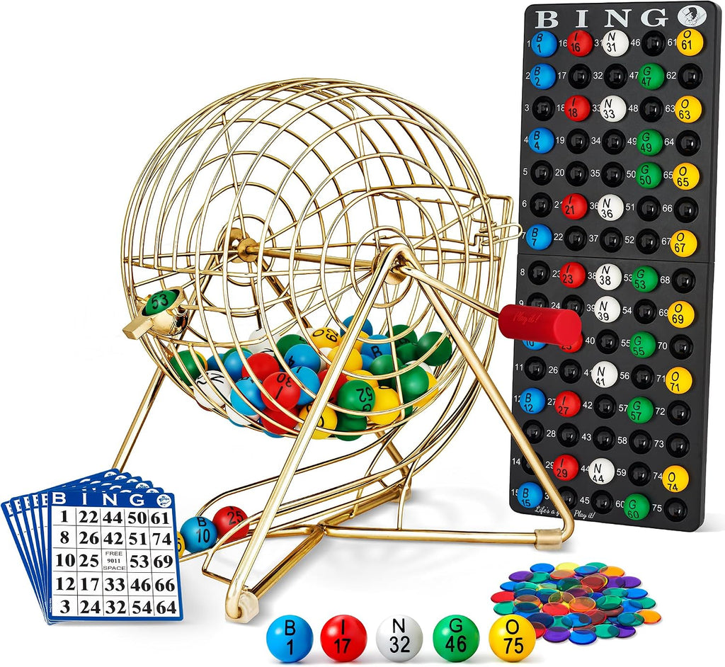 MR CHIPS 11" Tall Bingo Set with Steel Cage Professional Game Everlasting 7/8” Balls, 18 Cards and 300 Chips - Luxury Gold Color