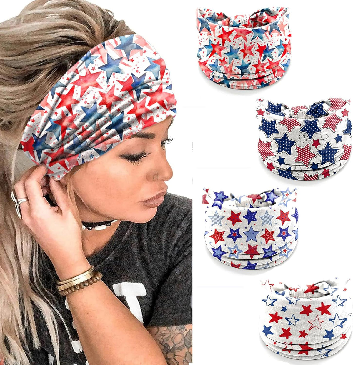 winthrop 4 Pack July 4th Patriotic Headbands for Women - Red White Blue Star Print Wide Bandana, Breathable Stretchy Non-Slip Hair Accessories for Yoga Running Party Celebrations