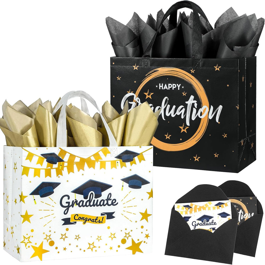 STYPOP 2 Pack 13" Large Graduation Gift Bags with Tissue Paper, Reusable Non-Woven Grad Bags with Handles, Best Graduation Gifts Class of 2026 College/High School / 8th Grade, 12.8"*10.2"*6.3"