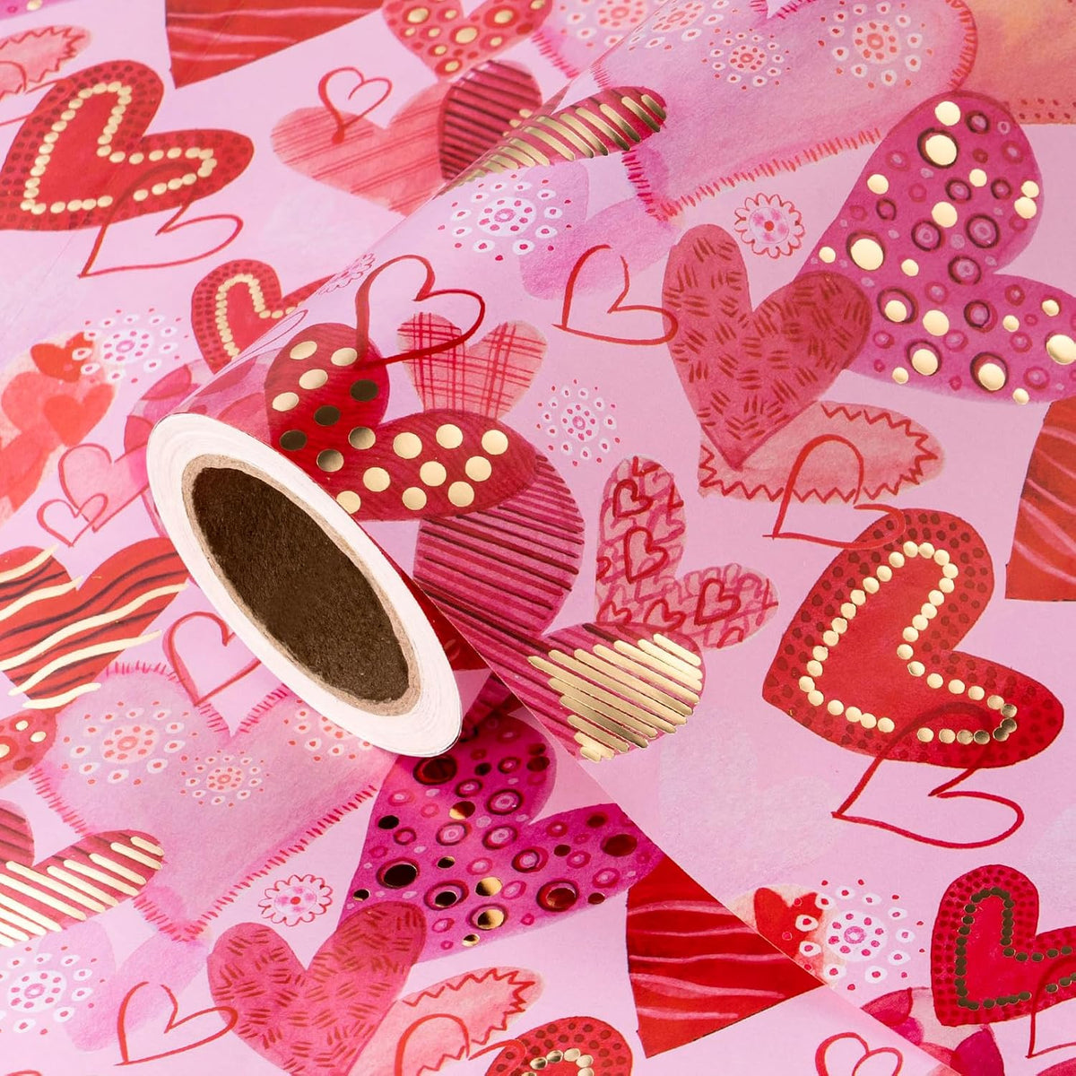 WRAPAHOLIC Valentines Day Wrapping Paper Roll - Mini Roll - 17 Inch x 16.5 Feet - Sweet Heart Wrapping Paper with Gold Foil Design for Valentine's Day, Anniversary, Birthday, Wedding, Baby Shower