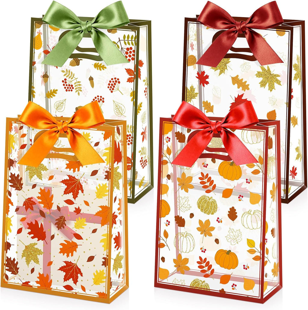 Capoda 24 Pcs Fall Gift Bags Bulk Autumn Plastic Party Favor Bags with Die Cut Handles Reusable Fall Harvest Pouch with Ribbon for Autumn Harvest Thanksgiving Party Decor Supplies