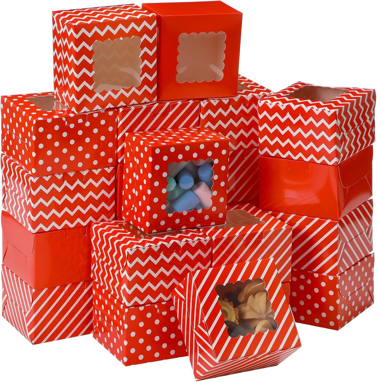 48 Pcs Christmas Bakery Boxes with Window, Red White 4x4x2.5 In