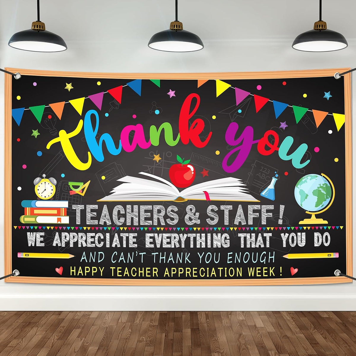 Happy Teacher Day Banner Teacher Appreciation Week Decorations Flag Outdoor 71x44 Inch School Classroom Backdrop,Thank You Teacher Gifts for Indoor Home Party Supplies,Yard Sign Photography Background