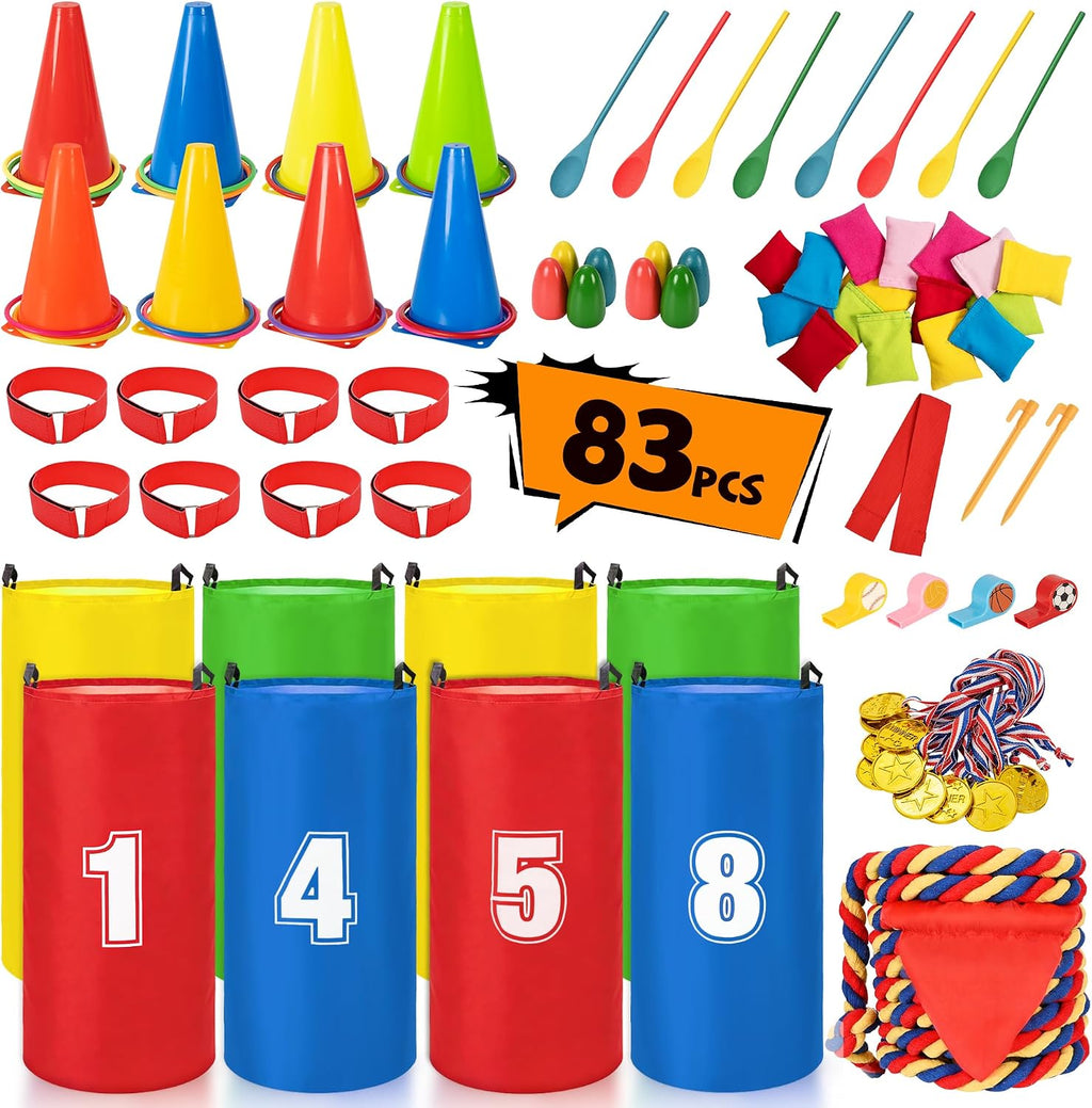 ropoda Field Day Games, Outdoor Carnival Games Potato Sack Race Bags for Adults and Kids, Bean Bags, Soft Plastic Cones,Ring Toss Set,Egg and Spoon Race, Outdoor Games Easter