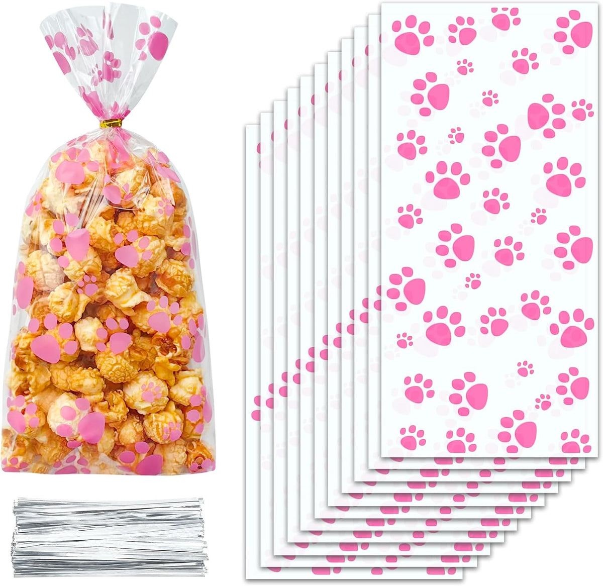 ZYLOP 50 Pcs Pink Dog Paw Print Treat Bags, 5 x 11 Inch Clear Cellophane Puppy Party Favor Bags with 60 Silver Twist Ties, Pink Plastic Goodie Bag for Pet Birthday, Girls' Party, Candy & Cookies