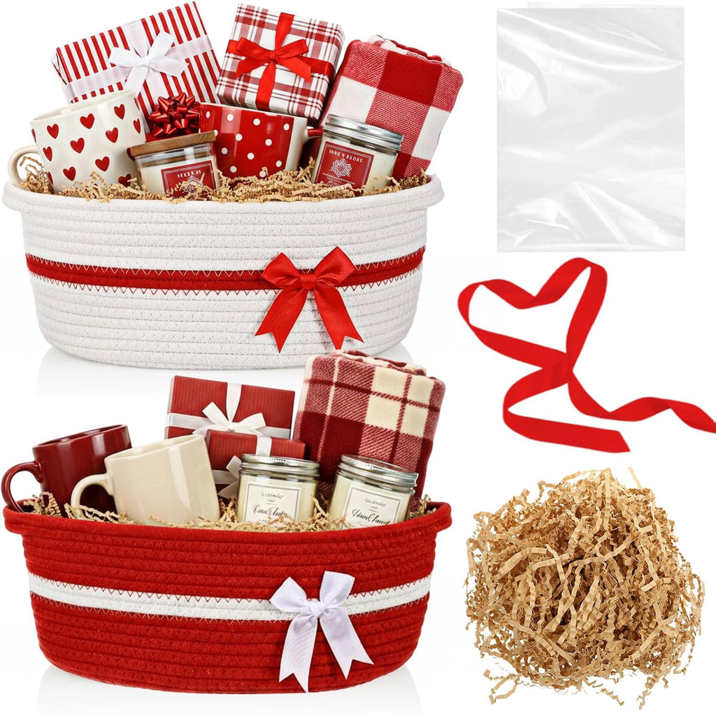 Colingmill 2 Pack Small Woven Gift Basket Empty with Wrap, Red and White