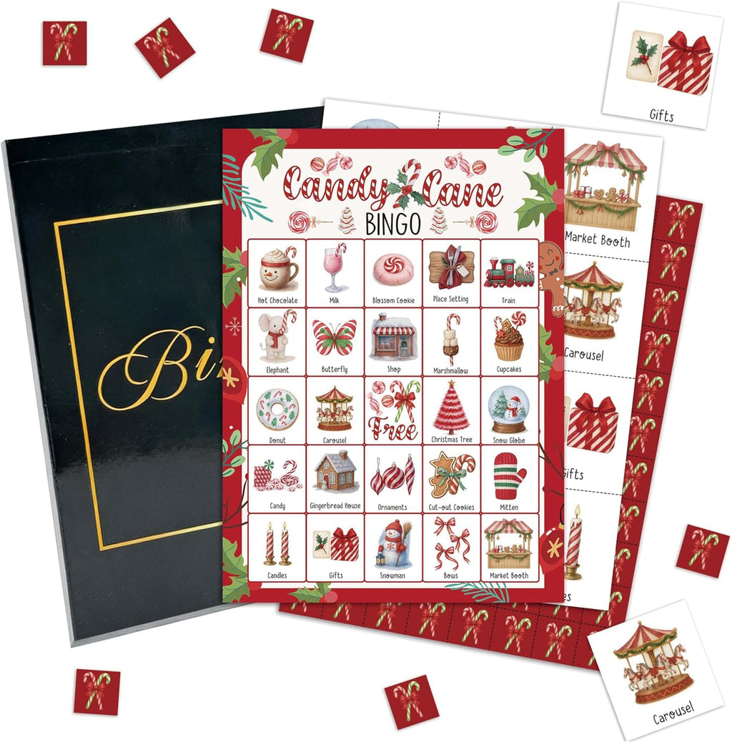 Christmas Party Bingo Game Cards, Candy Cane Bingo Set for Adults Large Group, Winter Holiday Fun Party Games, Xmas Activities Icebreaker Games, for Family Friends, 05