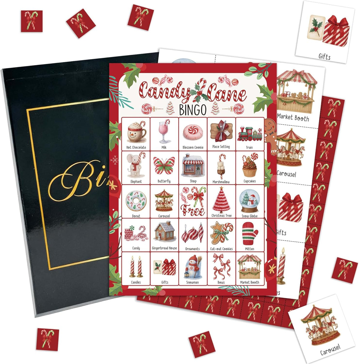Christmas Party Bingo Game Cards, Candy Cane Bingo Set for Adults Large Group, Winter Holiday Fun Party Games, Xmas Activities Icebreaker Games, for Family Friends, 05