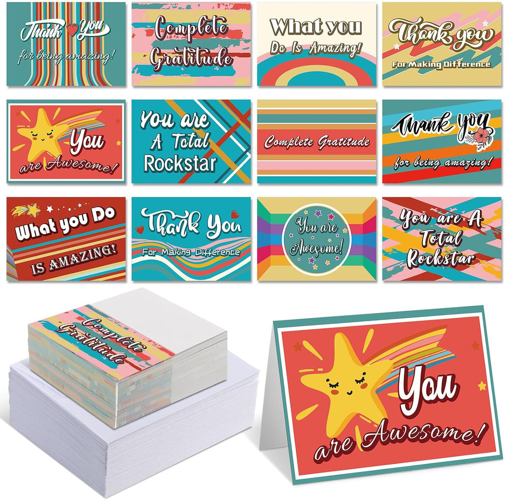 AmazingSpark 120 Pack Thanks You/Happy Birthdays Cards with Envelopes Bulk 12 Designs 4.8 x 6.8'' Assorted Postcards Notes for Business Birthday Back to School Gifts(Macaron,Thank You,120 Kit)