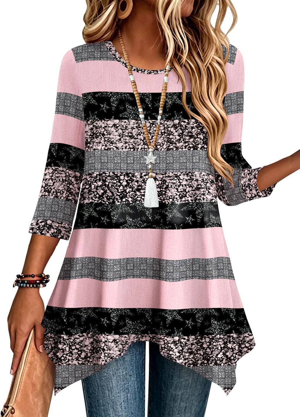 Zeagoo Womens Tops 3/4 Sleeve Loose Fit Dressy Tunics Plus Size Boho Shirts