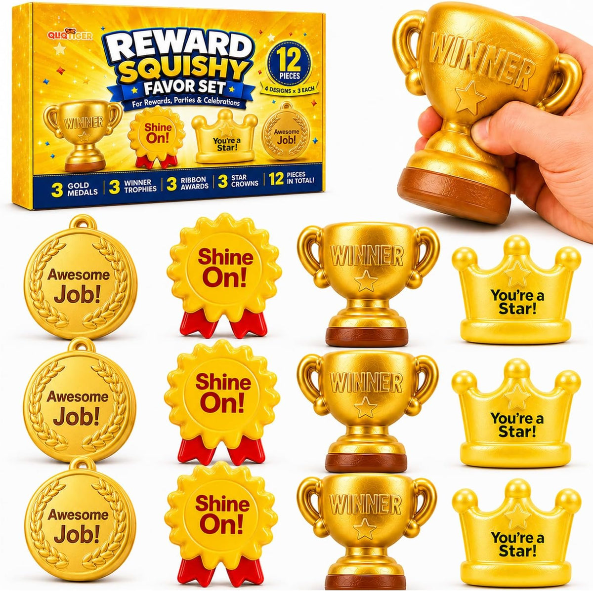 12 Pack Squishy Toys Bulk, Slow Rising Trophy Medal Crown Ribbon Squeeze Toys,Prize Box Toys, Classroom Prizes, Teacher Rewards, Party Favors, Goodie Bag Stuffers