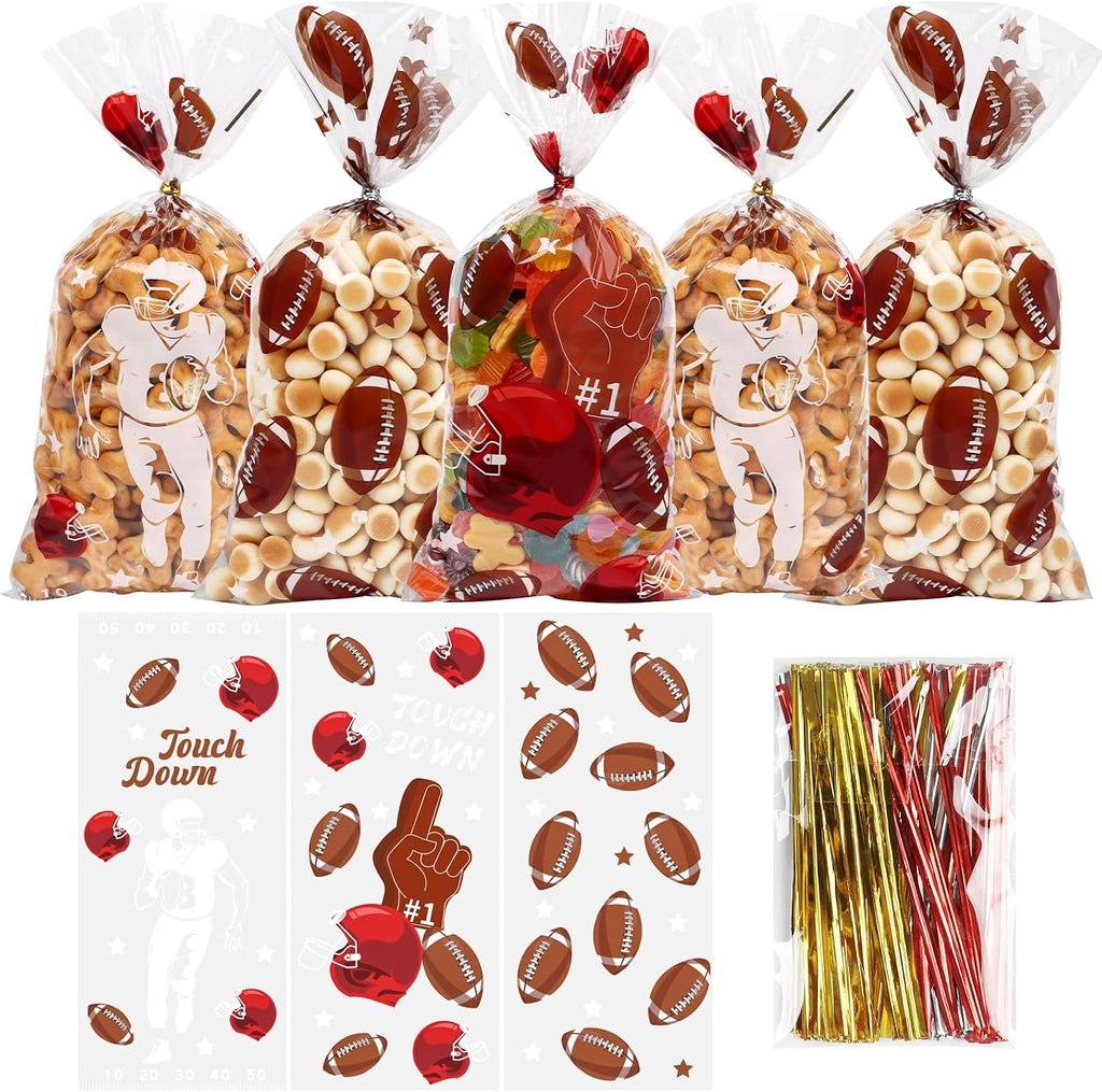 DIYASY 150 Pcs Football Cellophane Candy Bags, Clear Football Gift Treat Bag Plastic Goodie Snack Bags with Ties Sports Theme Party favors Supplies