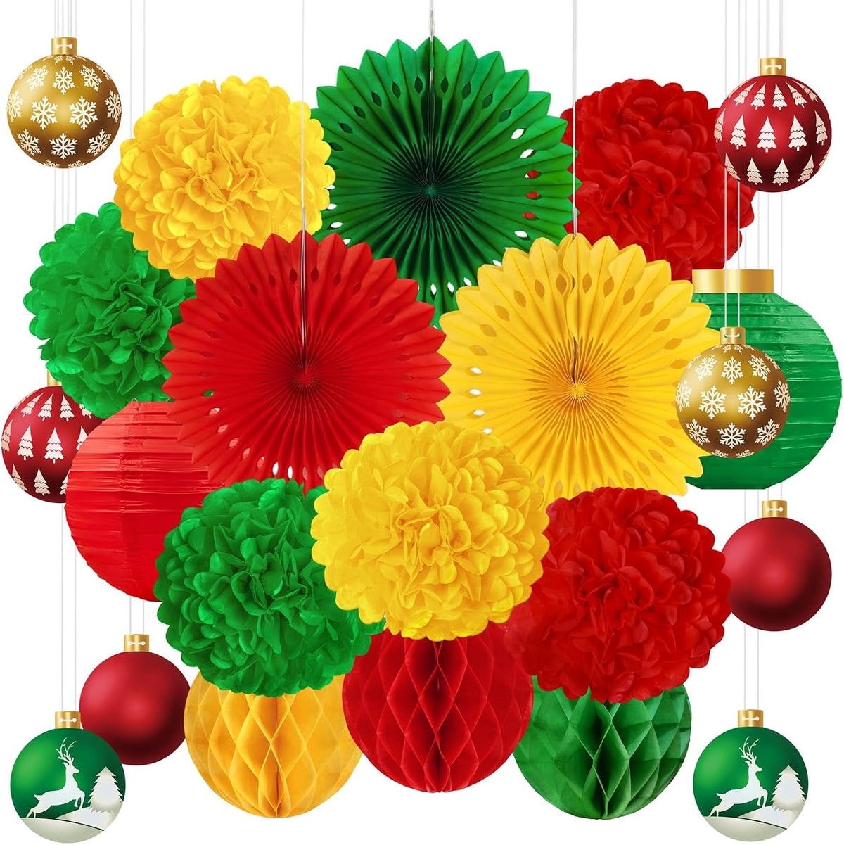 22pcs Christmas Party Decorations Indoor – Red Green Gold Paper Fans, Hanging Lanterns, Honeycombs, Pom Poms, Xmas Ball-Shaped Cards for Holiday, Office Decor