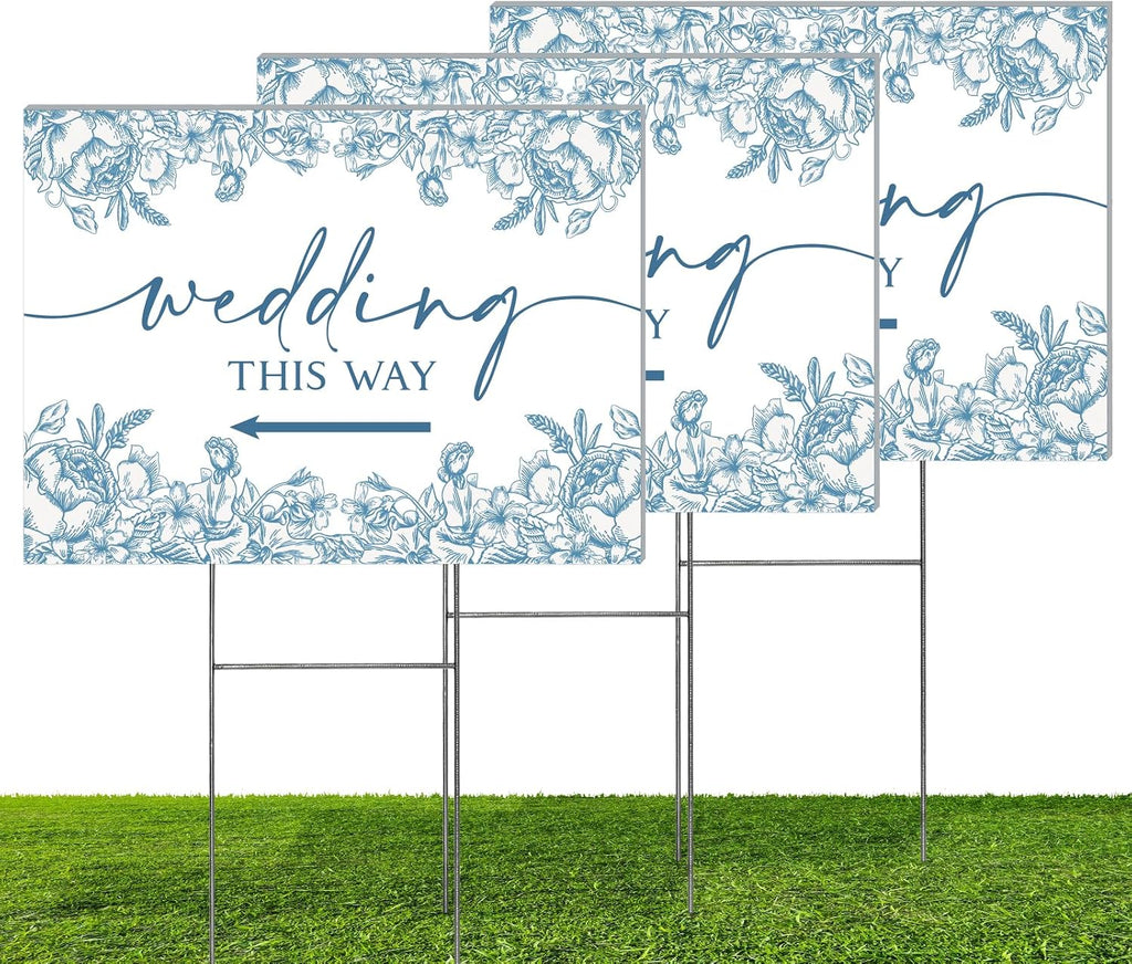 3 Pack 14.5” x 10.5” Wedding This Way Signs Double Sided Printed Wedding Direction Sign with Stakes for Ceremony Reception Lawn Yard Direction Arrow Signs Exquisite Plastic Rainproof Party Supplies,Blue Floral