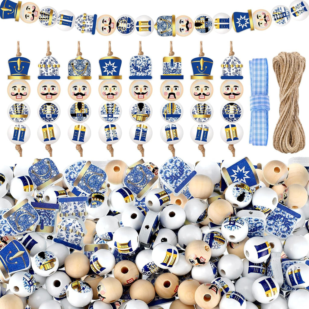 Cinnvoice 240 Pcs Holiday Wood Beads with Twine, Chinoiserie