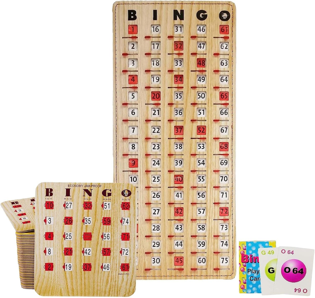 MR CHIPS Jam-Proof Bingo Cards with Sliding Windows, 25 Reusable Shutter Cards, 75 Calling Cards 1 Master Board in Tan Woodgrain Style