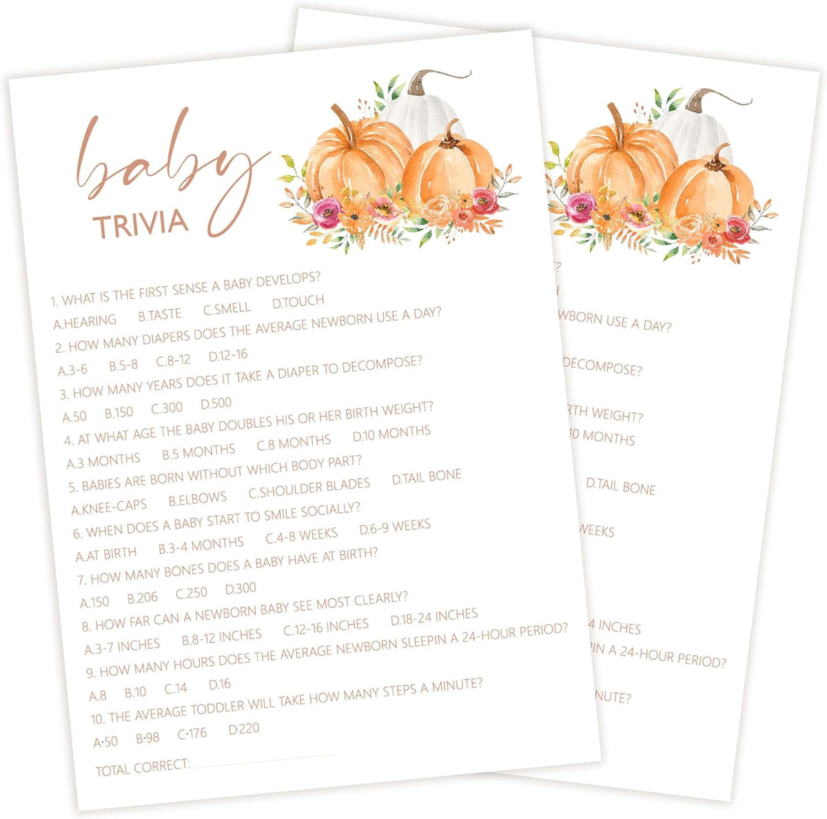 Baby Shower Games, Thanksgiving Baby Trivia Game Cards + 1 Answer Card, 25 Sets Gender Reveal Party Decorations Supplies - E05