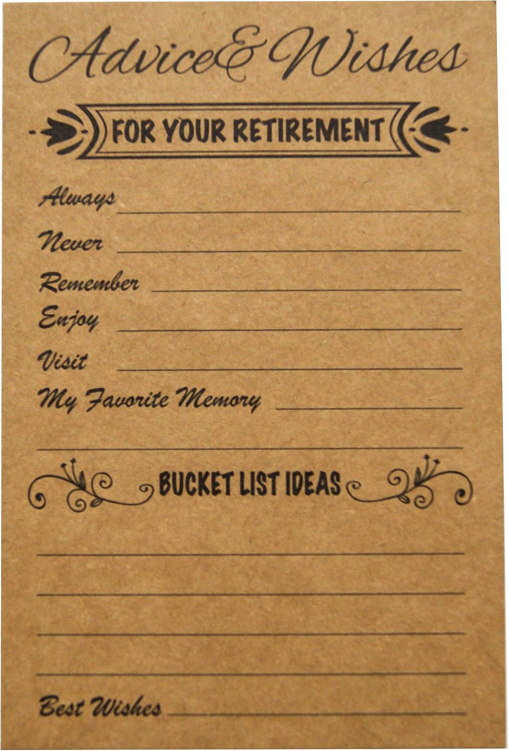 RXBC2011 Retirement Well Wish and Advice Cards Pack of 50 Rustic Kraft Retired Ideas Supplies and Decoration Happy Retiree Celebration Gift Bucket List Wish Funny Officially Retired