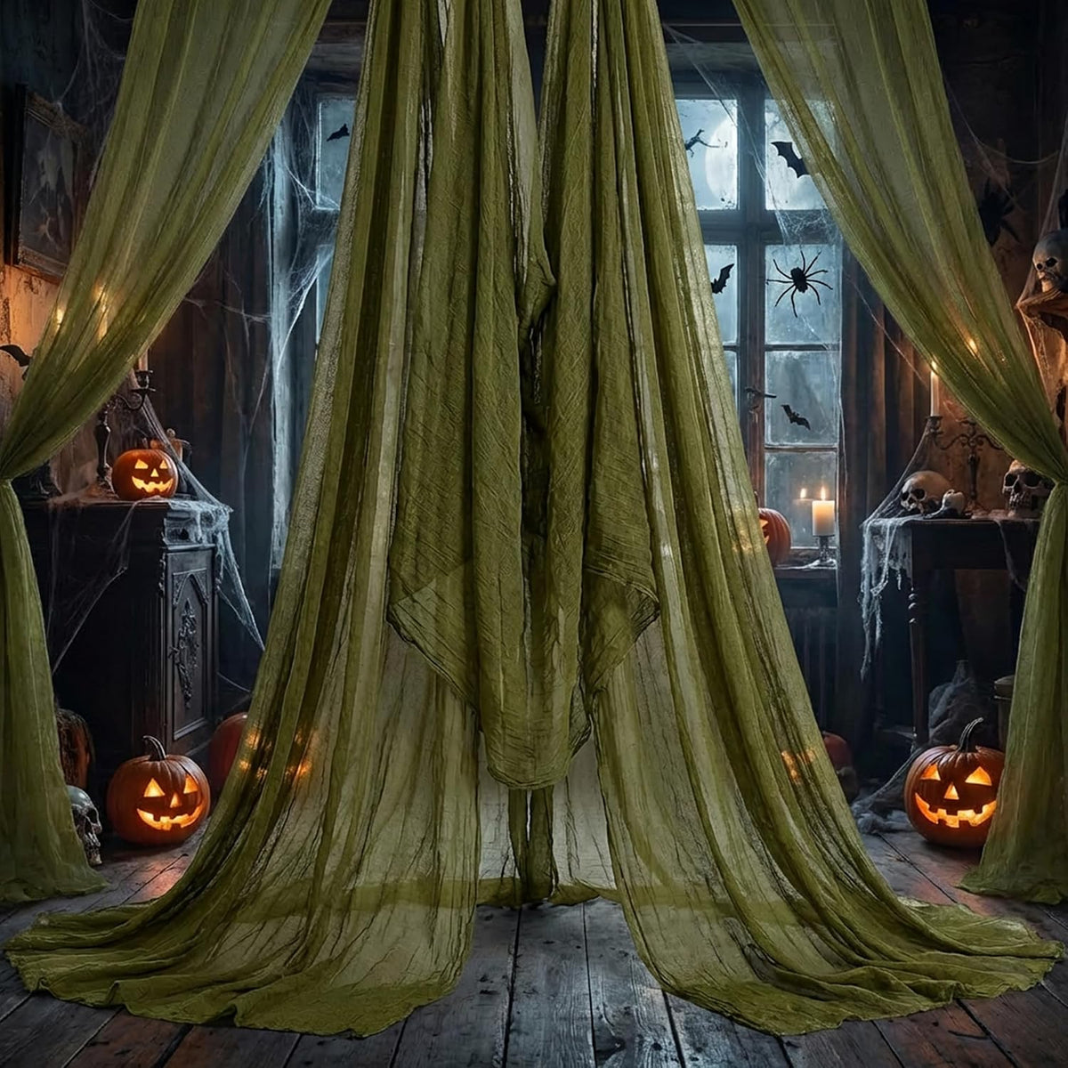 200" x 85" Halloween Dark Green Creepy Cloth, Scary Spooky Fabric Gauze