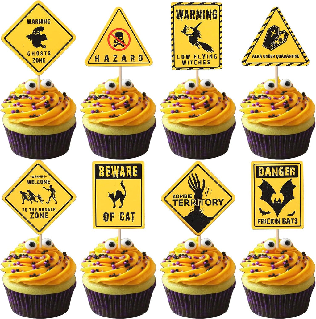 Rsstarxi 40 Pack Halloween Cupcake Toppers Beware Danger Ghost, Bat, Cat, Zombi Cupcake Picks Scary Halloween Decorations for Baby Shower Happy Boo Day Birthday Party Cake Decorations