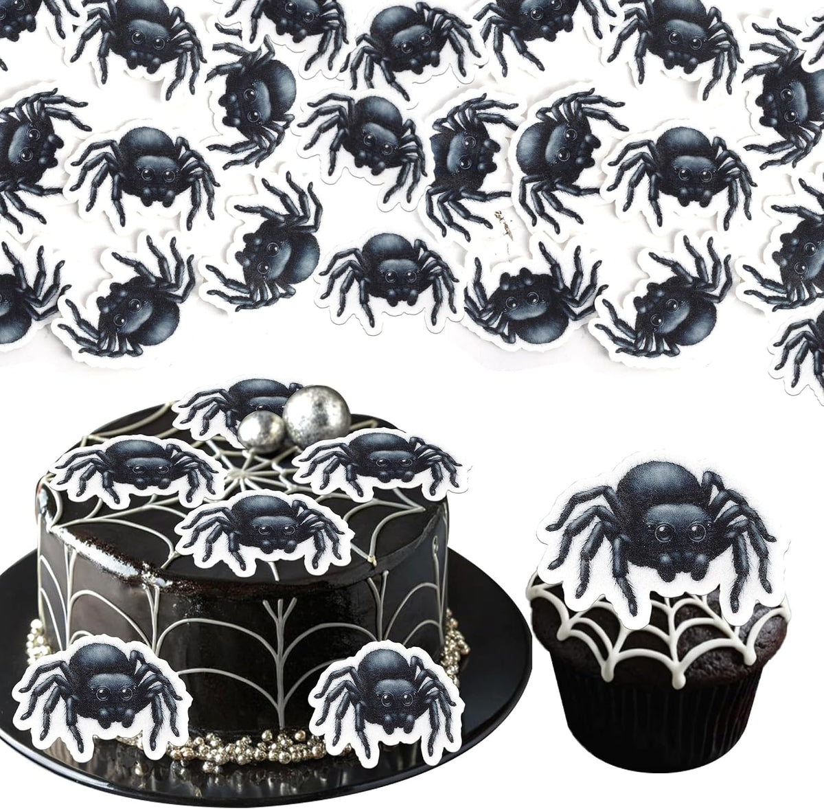 60 PCS Edible Halloween Spider Cupcake Toppers Wafer Paper Black Horror Spider Cupcake Picks Edible Halloween Party Decorations for Baby Shower Birthday Party Cake Food Decorations Supplies