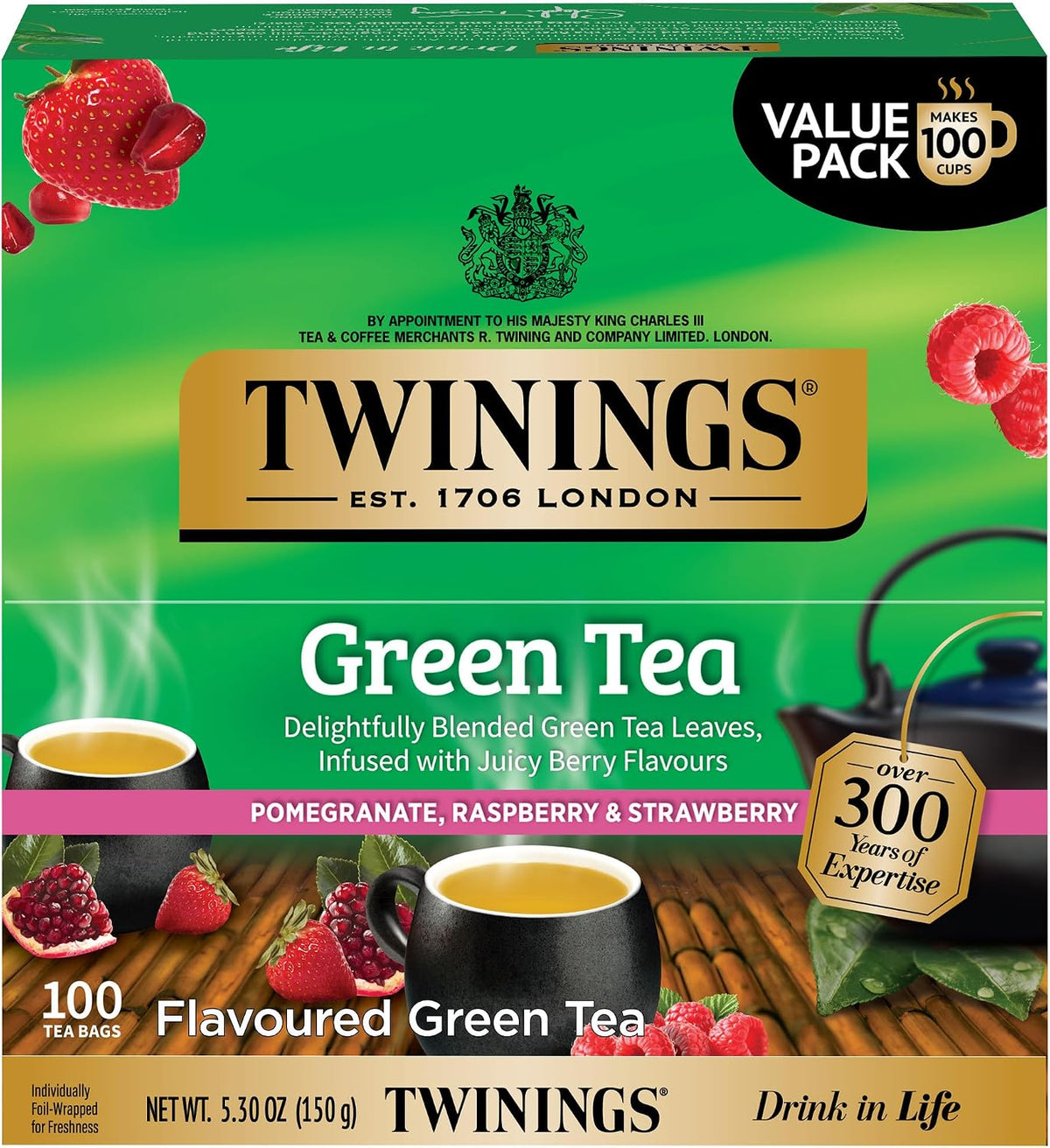 Twinings Green Tea with Pomegranate, Raspberry, & Strawberry Individually Wrapped Bags, 100 Count (Pack of 1), Caffeinated, Enjoy Hot or Iced, 100 Teabags