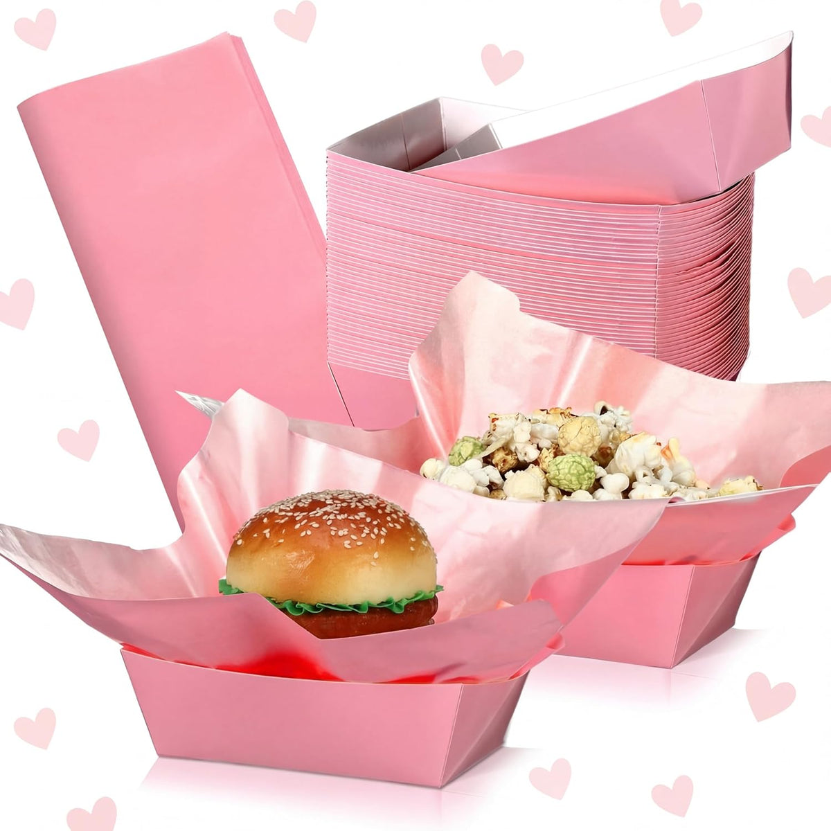 Geosar 100 Pcs Gingham Paper Food Tray with Wax Paper,Pink