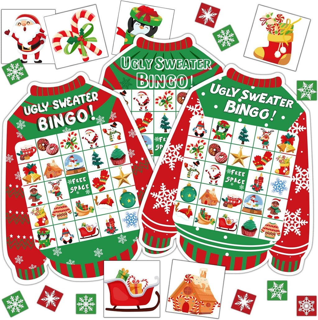 Qpout Ugly Sweater Xmas Bingo Cards - 24 Player Family Game for Holiday Party Indoor Games
