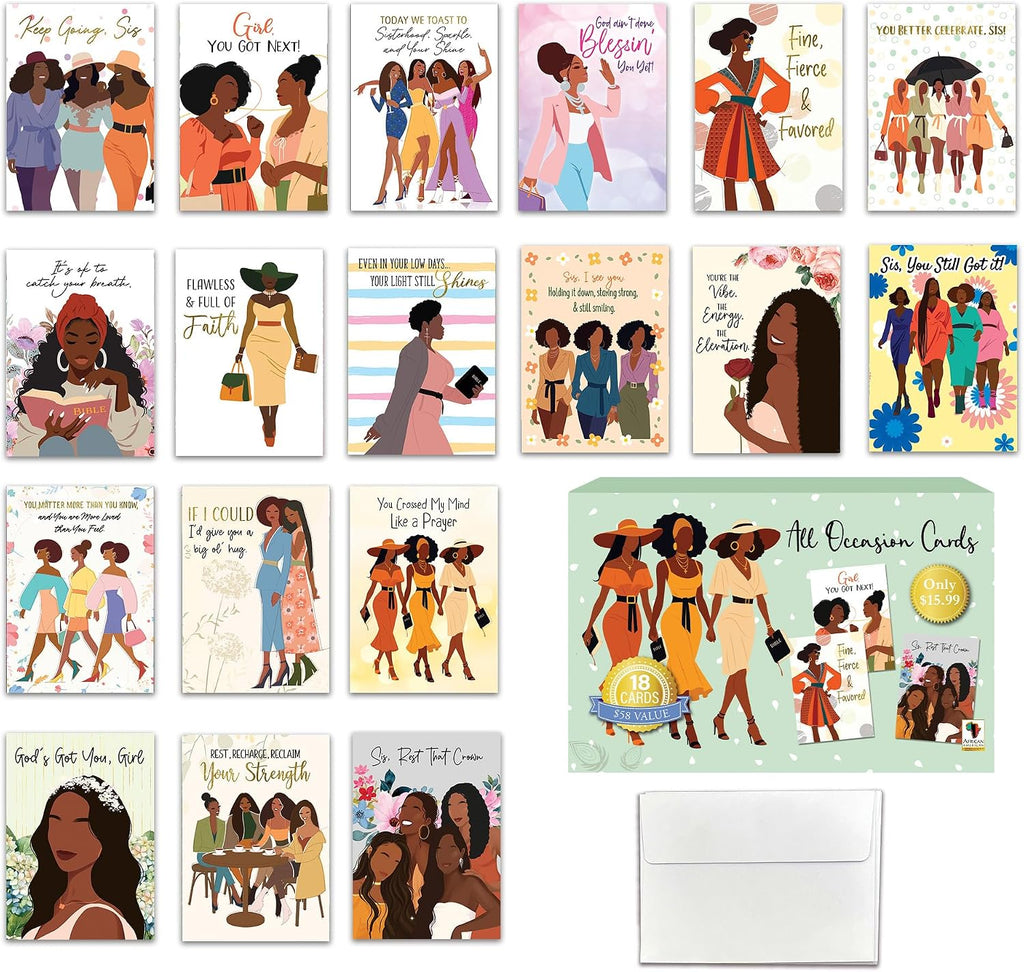 African American Greeting Cards Assortment Box – 18 Cards with Envelopes, Birthday, Friendship & Thank You Notes – Gift for Women