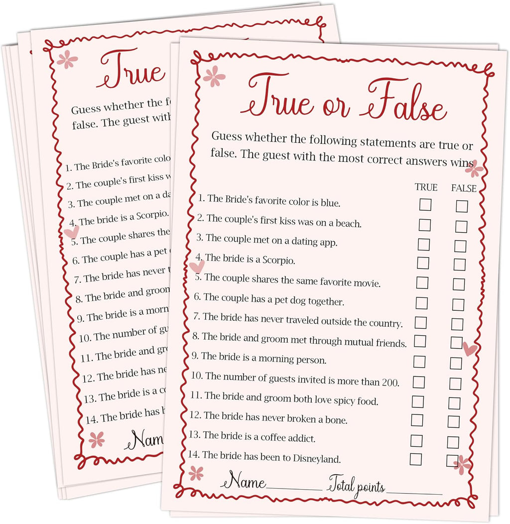 Pink Bridal Shower Games Cards - True or False - 30 Fun Wedding Party Game Cards for Bridal Shower, Engagement, Bachelorette & Newlywed Party, Icebreaker Activity Supplies & Decorations