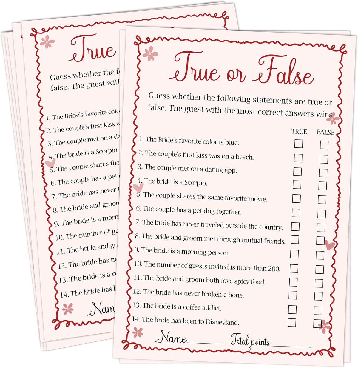 Pink Bridal Shower Games Cards - True or False - 30 Fun Wedding Party Game Cards for Bridal Shower, Engagement, Bachelorette & Newlywed Party, Icebreaker Activity Supplies & Decorations