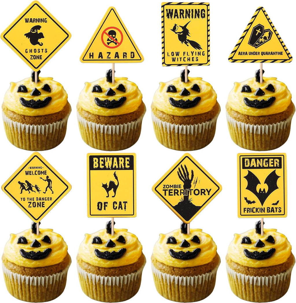 40 PCS Halloween Cupcake Toppers Warning Sign Tombstone Witch Bat Cupcake Picks Danger Beware of Cat Zombie Cupcake Decorations for Halloween Theme Zombie Birthday Party Cake Decorations Supplies