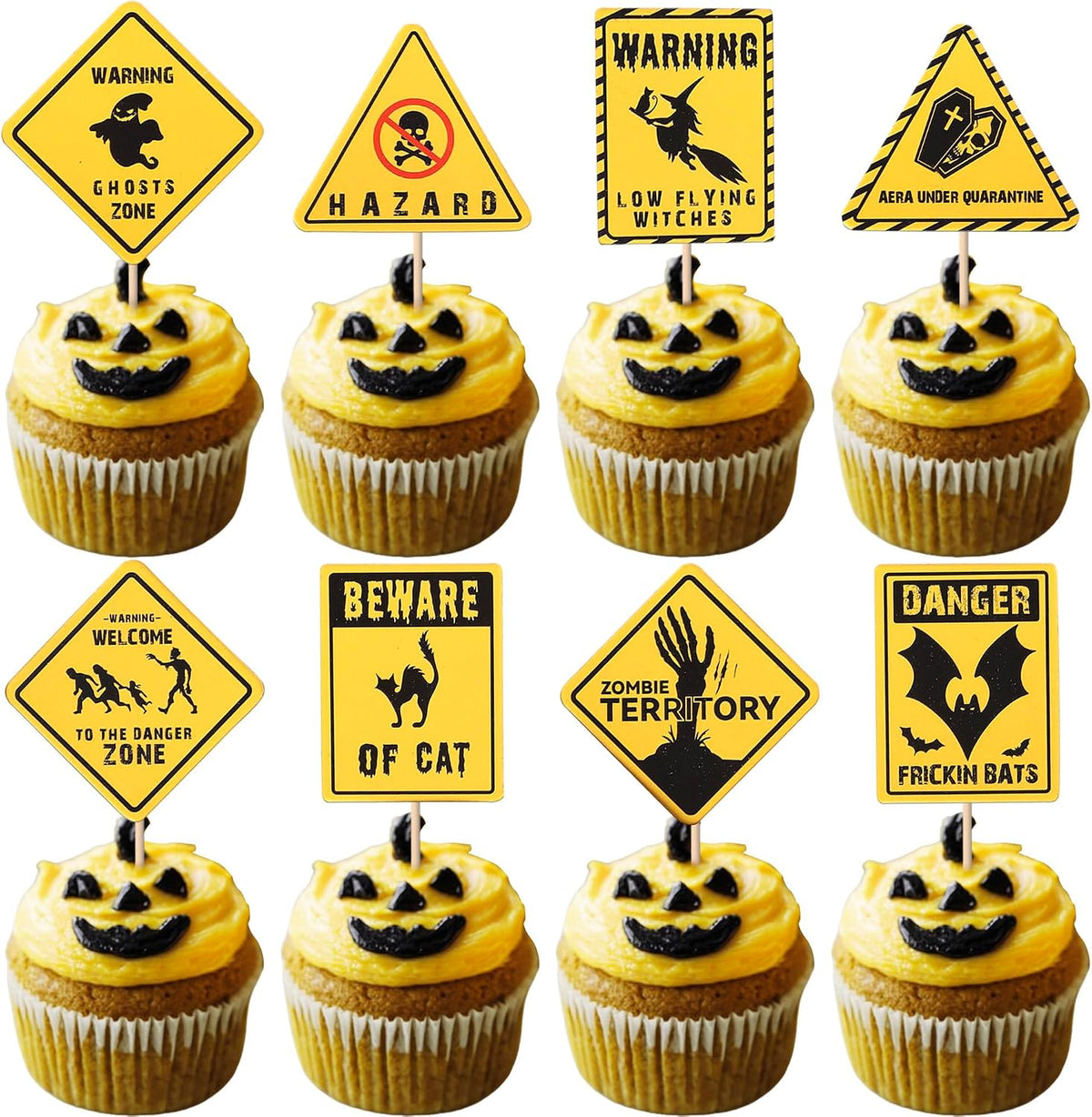 40 PCS Halloween Cupcake Toppers Warning Sign Tombstone Witch Bat Cupcake Picks Danger Beware of Cat Zombie Cupcake Decorations for Halloween Theme Zombie Birthday Party Cake Decorations Supplies