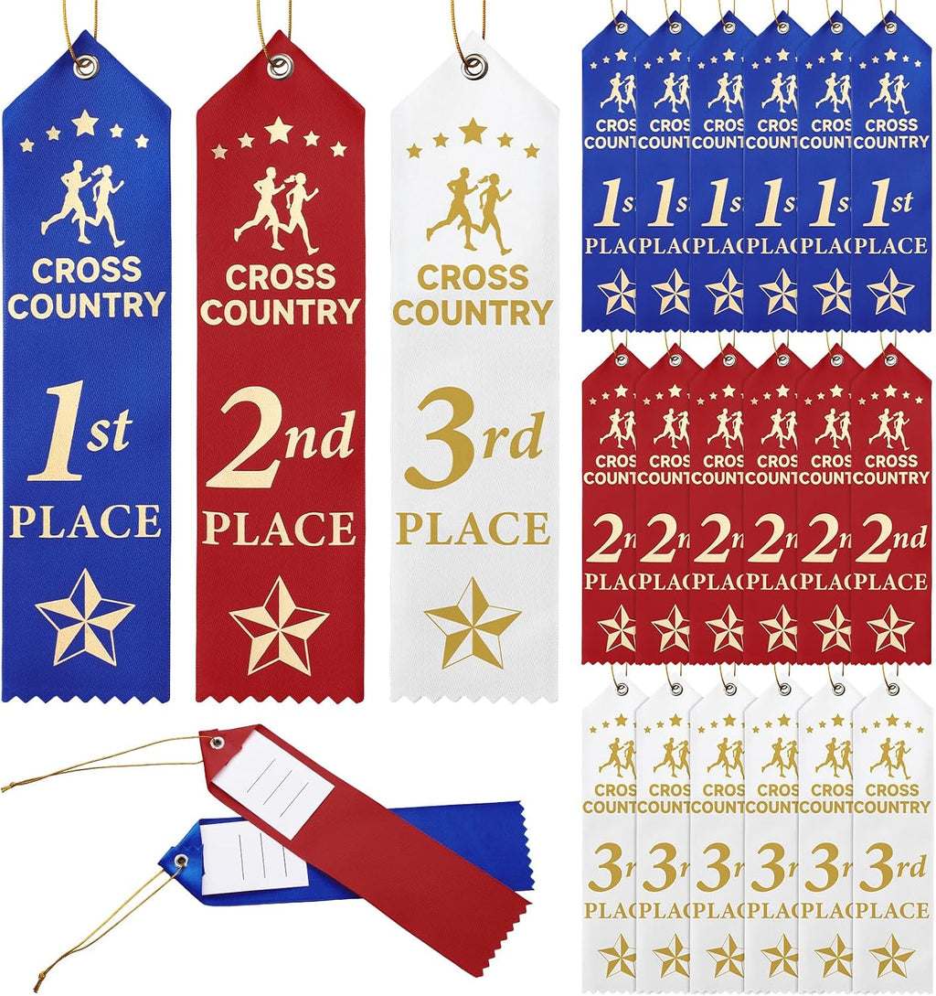 Thiccywoov 90 Pcs Cross County Ribbons for 1st, 2nd, 3rd Place, 8" x 2" Cross County Award Ribbons with Event Card and String for Sports Event, Competition Prize Gift, Contest Ornaments