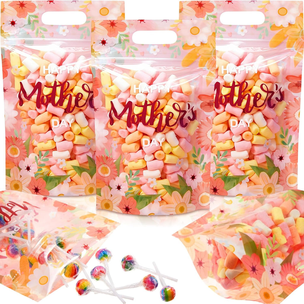 Engrowtic 50 Pcs Mother's Day Plastic Gift Bags with Handles Resealable Pink Flower Mom Candy Treat Goodie Cookie Bags for Happy Mothers Day Party Favor Wrapping Supplies