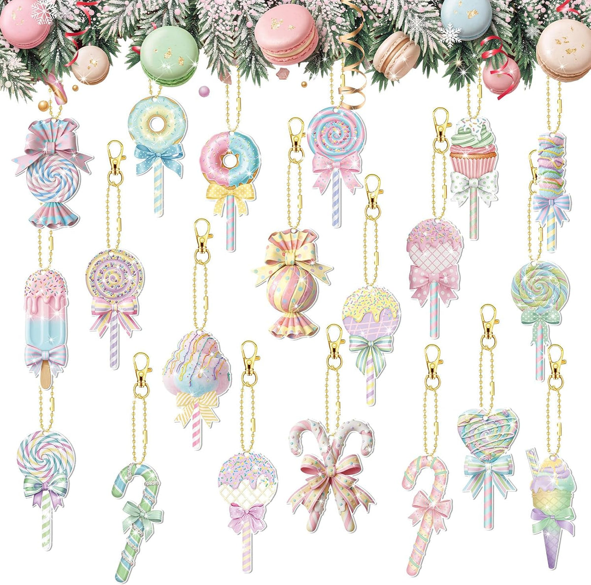 Tondiamo 20 Pcs Christmas Macaron Candy Diamond Painting Keychain Kits 5d DIY Diamond Art Pendants Double Sided Hanging Key Chains for Christmas Party Decoration DIY