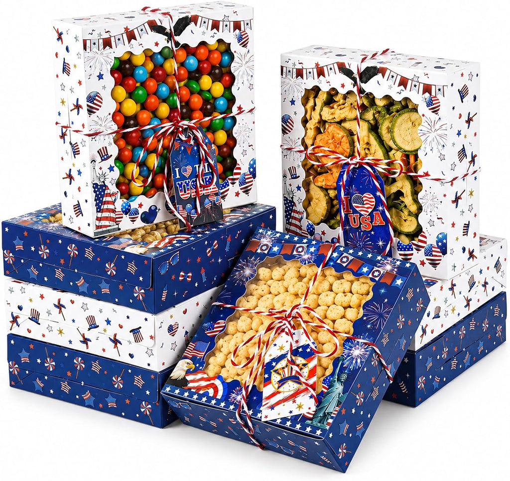 FCKLVMC 12 Pcs 7 X 7 In 4th Of July Treat Boxes with Window, Fourth Of July Gift Goodie Boxs with Card for Veterans Day Memorial Usa National Patriotic Day Party