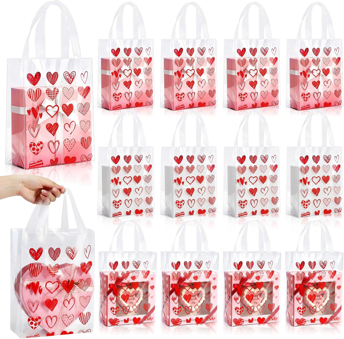 Pajean 25 Pcs Red Heart Plastic Gift Bags with Handles, 5.9 x 8.7 x 3.1 Inch Heart Design PE Treat Bags, Red and Pink Candy Goodie Pouches for Classroom Exchange, Party Favor, Wedding Supplies